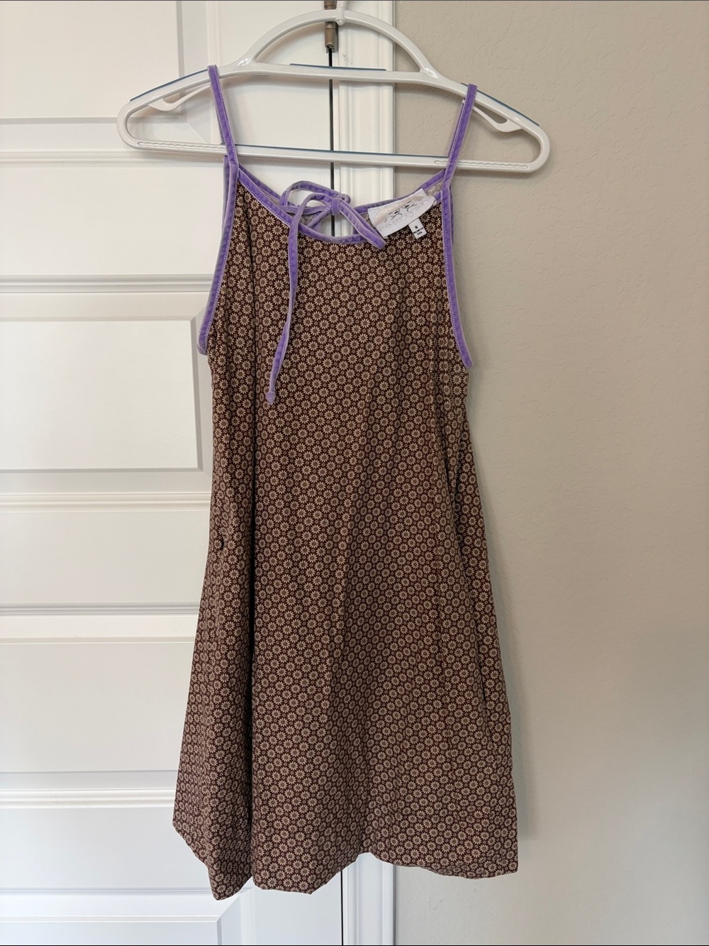 Courtyard La Brown Floral Market Dress with Lilac Velvet Trim